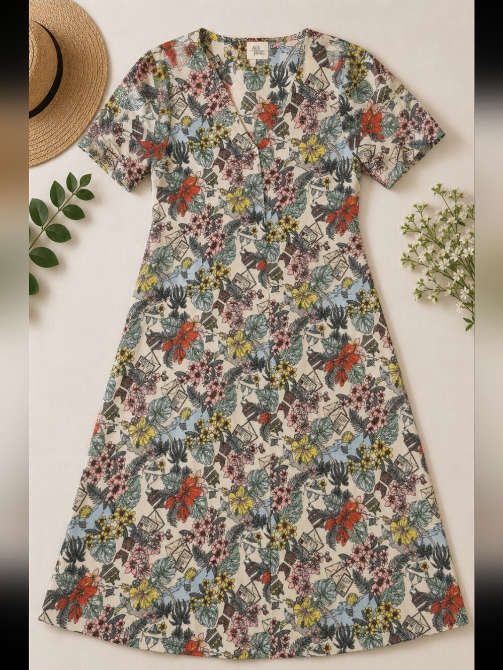Floral V-Neck Maxi Dress in Cream with Multicolor Tropical Beach Print Large
